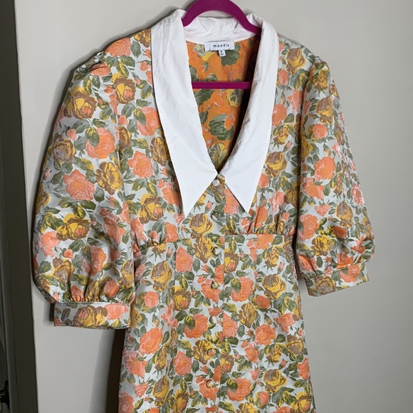 MOODIE Women's Size M Orange & Yellow Jacquard Floral Puffy Sleeved Mini Dress - Picture 2 of 15